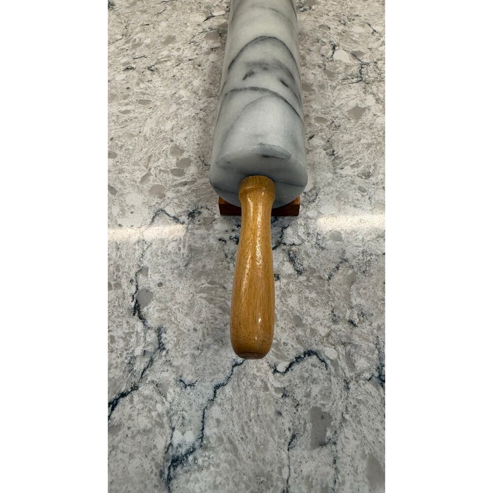 Polished White Marble Rolling Pin featuring Wooden Handles & Stand - Picture 3 of 7
